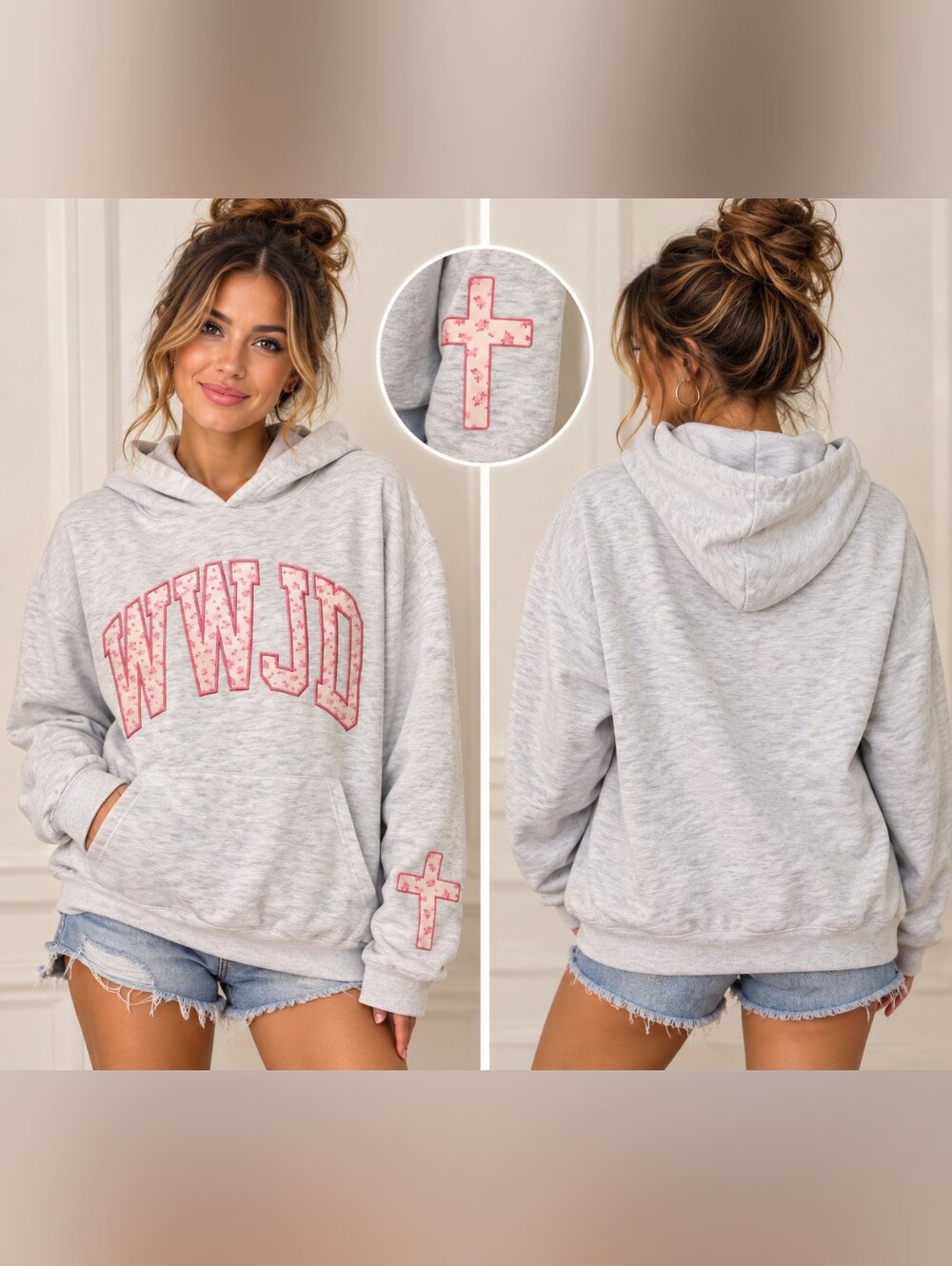 Casual Heather Gray Hoodie Sweatshirt with Pink Applique